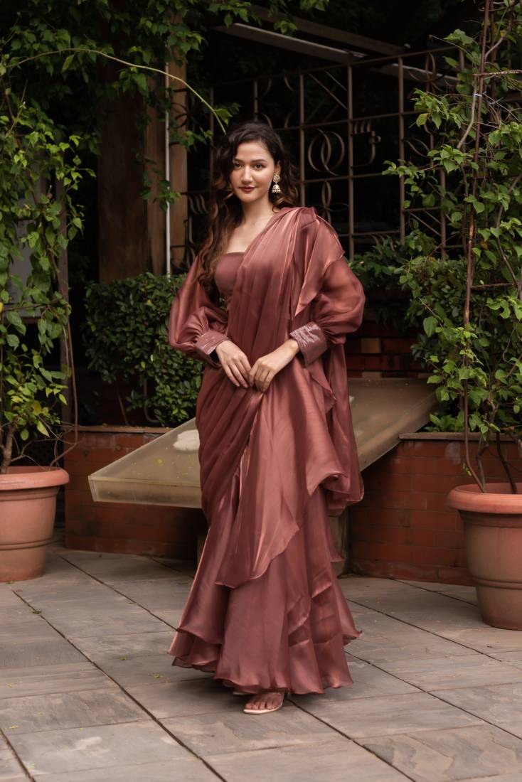 Rosegold organza seqin ready to drape saree with blouse