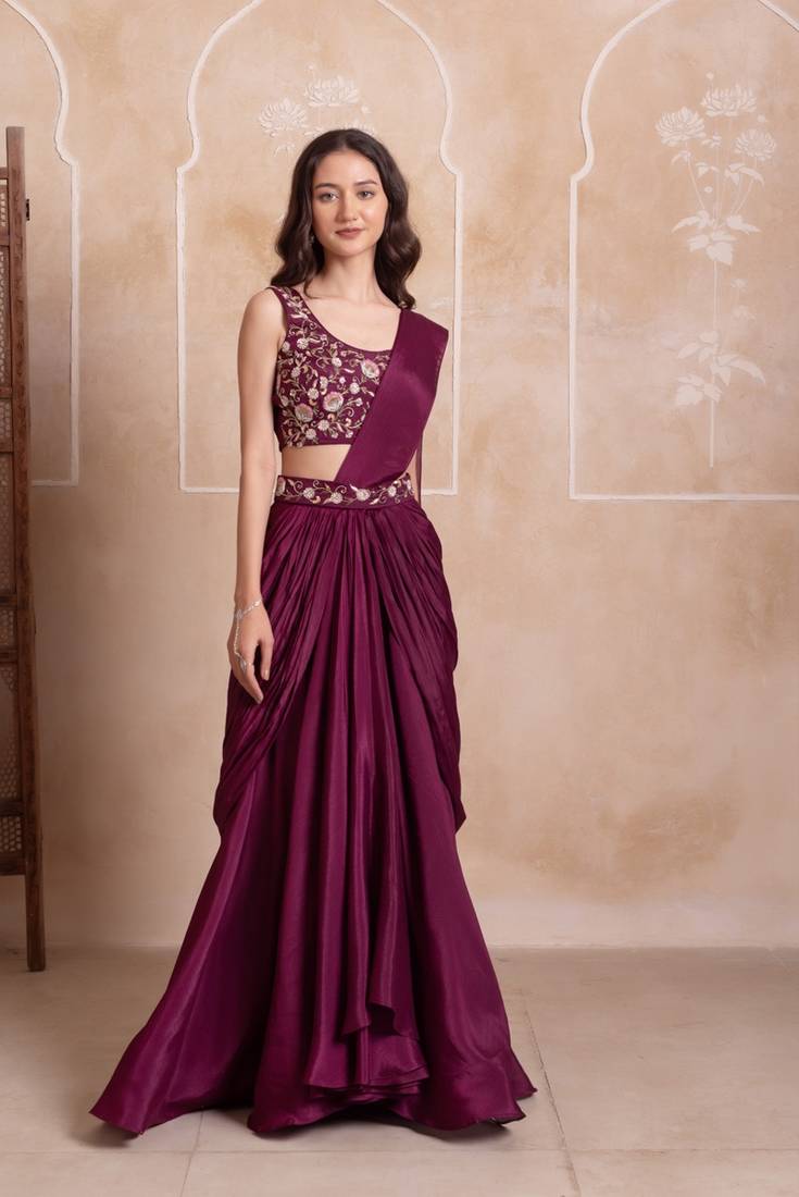 Purple handwork ready to drape saree with blouse