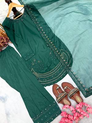  party wear crepe top with farshi palazzo & organza dupatta set 2