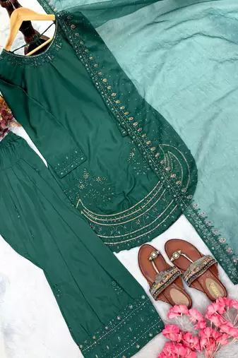  party wear crepe top with farshi palazzo & organza dupatta set