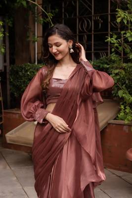 rosegold organza seqin ready to drape saree 2