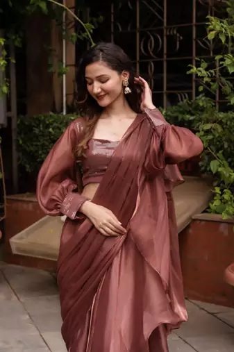 rosegold organza seqin ready to drape saree