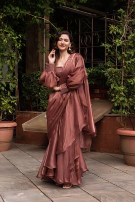 rosegold organza seqin ready to drape saree 3