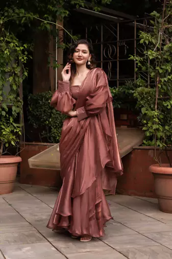 rosegold organza seqin ready to drape saree
