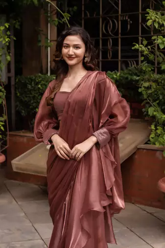 rosegold organza seqin ready to drape saree