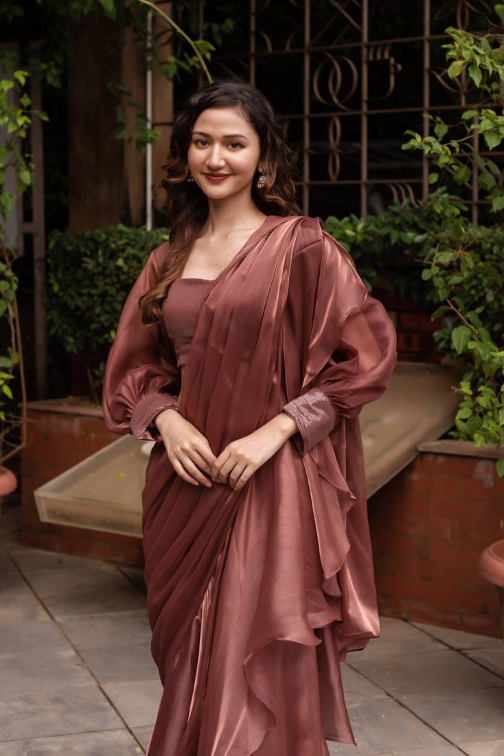 Rosegold organza seqin ready to drape saree with blouse