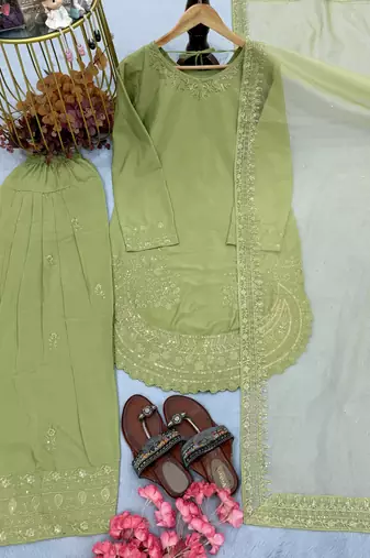  party wear crepe top with farshi palazzo & organza dupatta set
