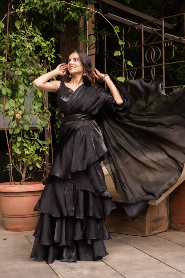 Black organza sequin ready to drape saree with blouse