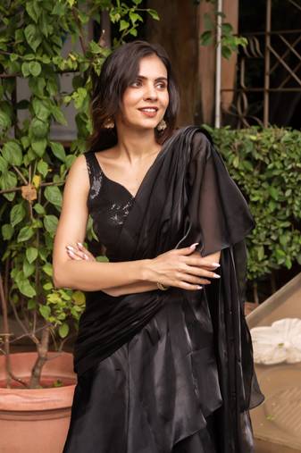 Black organza sequin ready to drape saree with blouse
