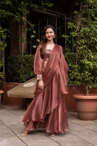 rosegold organza seqin ready to drape saree