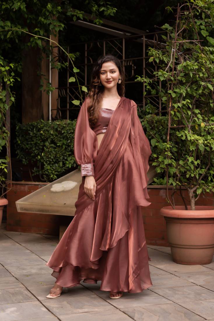 Rosegold organza seqin ready to drape saree with blouse