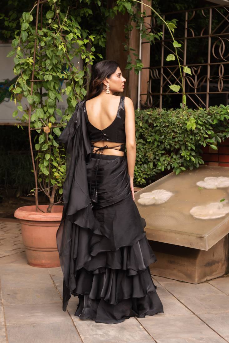 Black organza sequin ready to drape saree with blouse