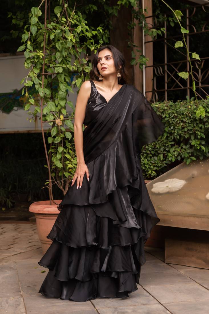 Black organza sequin ready to drape saree with blouse