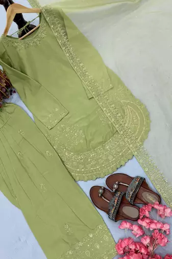  party wear crepe top with farshi palazzo & organza dupatta set