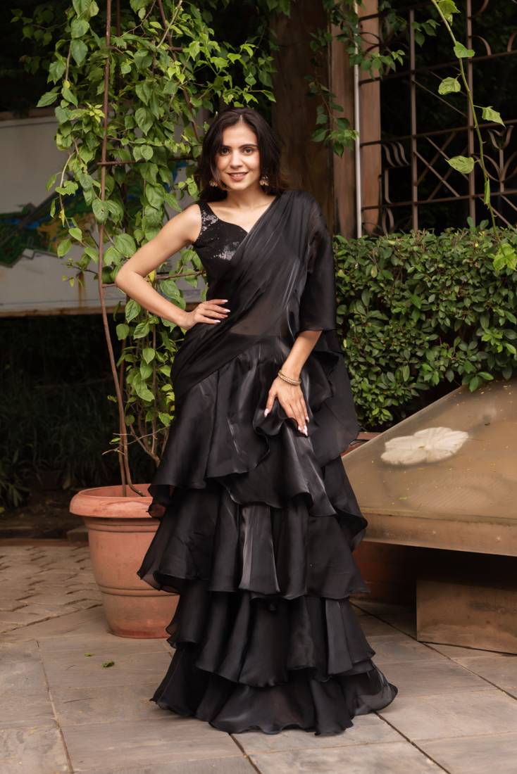 Black organza sequin ready to drape saree with blouse
