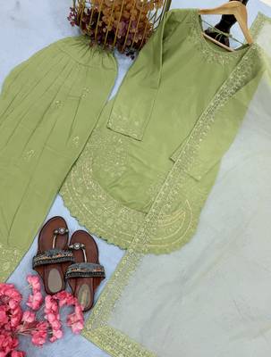  party wear crepe top with farshi palazzo & organza dupatta set 4