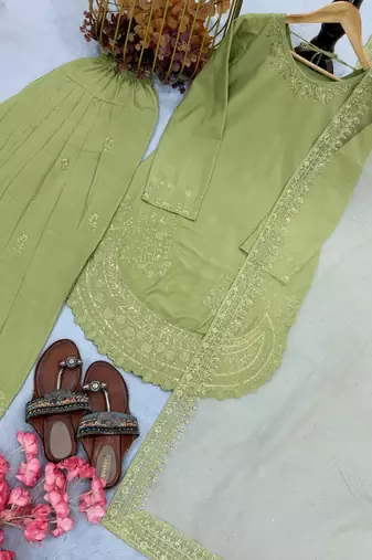  party wear crepe top with farshi palazzo & organza dupatta set