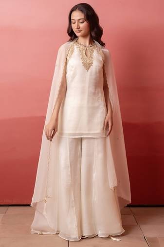 White handwork kurta palazzo set with organza dupatta