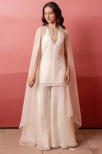 White handwork kurta palazzo set with organza dupatta