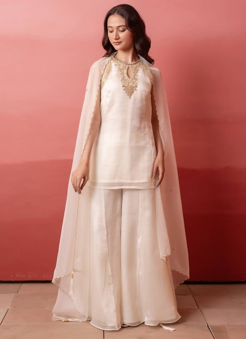 White handwork kurta palazzo set with organza dupatta