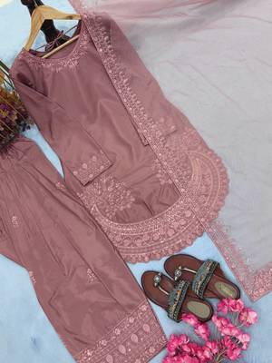  party wear crepe top with farshi palazzo & organza dupatta set 2