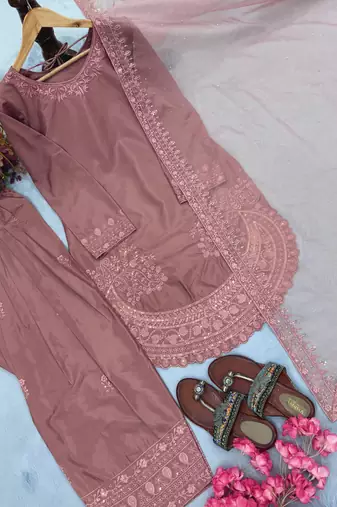  party wear crepe top with farshi palazzo & organza dupatta set
