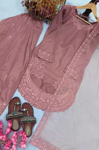  party wear crepe top with farshi palazzo & organza dupatta set