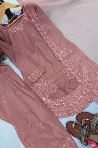  party wear crepe top with farshi palazzo & organza dupatta set