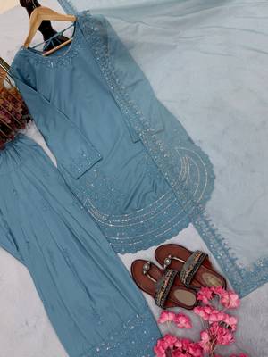  party wear crepe top with farshi palazzo & organza dupatta set 2