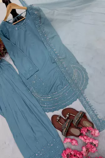  party wear crepe top with farshi palazzo & organza dupatta set