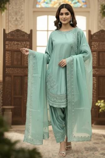 Designer party wear crepe top with farshi palazzo & organza dupatta set