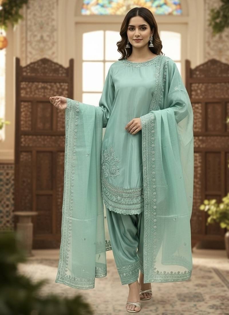 Designer party wear crepe top with farshi palazzo & organza dupatta set