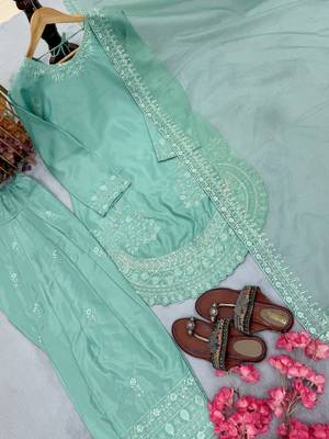  party wear crepe top with farshi palazzo & organza dupatta set 2