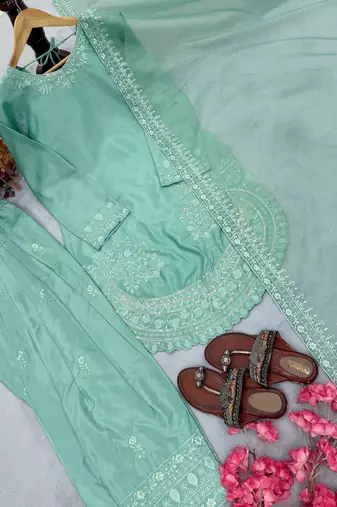  party wear crepe top with farshi palazzo & organza dupatta set