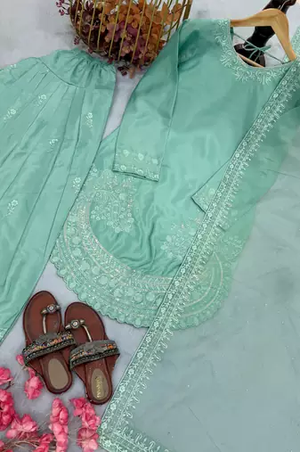  party wear crepe top with farshi palazzo & organza dupatta set