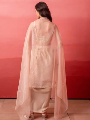Champagne gold pre-draped skirt with handwork blouse & organza shrug 1