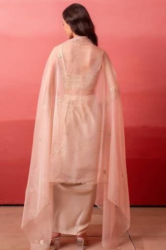 Champagne gold pre-draped skirt with handwork blouse & organza shrug