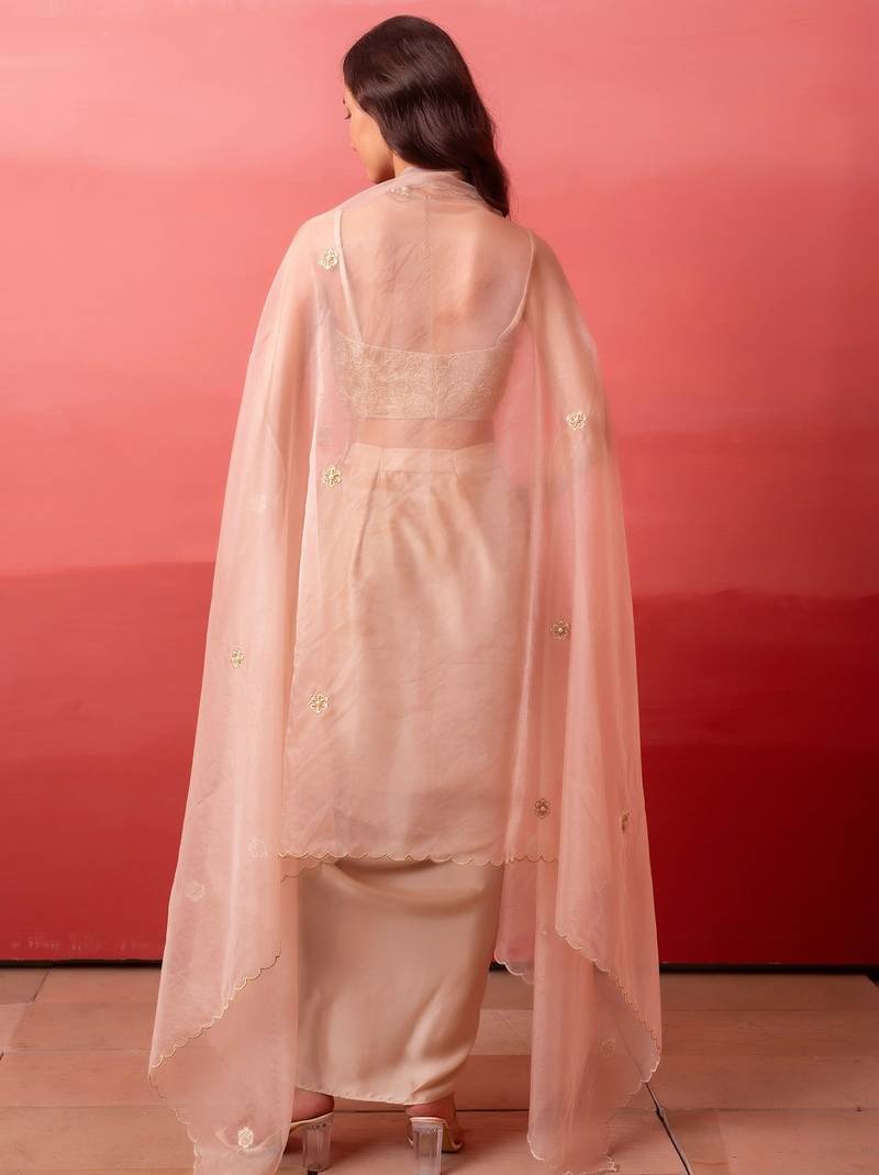 Champagne gold pre-draped skirt with handwork blouse & organza shrug