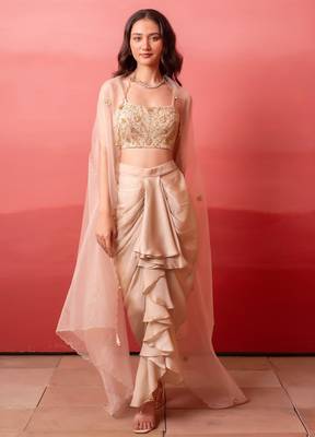 Champagne gold pre-draped skirt with handwork blouse & organza shrug 2