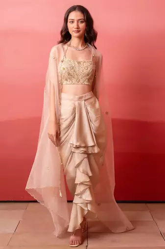 Champagne gold pre-draped skirt with handwork blouse & organza shrug