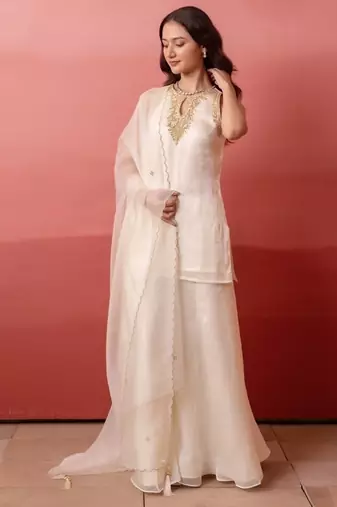 White handwork kurta palazzo set with organza dupatta