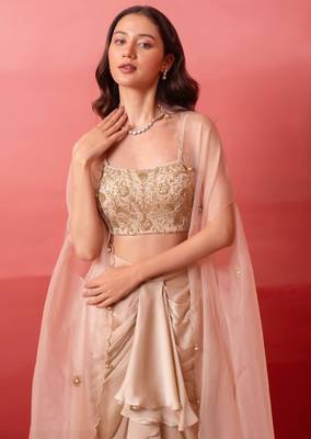 Champagne gold pre-draped skirt with handwork blouse & organza shrug 3