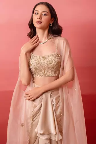 Champagne gold pre-draped skirt with handwork blouse & organza shrug