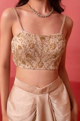 Champagne gold pre-draped skirt with handwork blouse & organza shrug 4