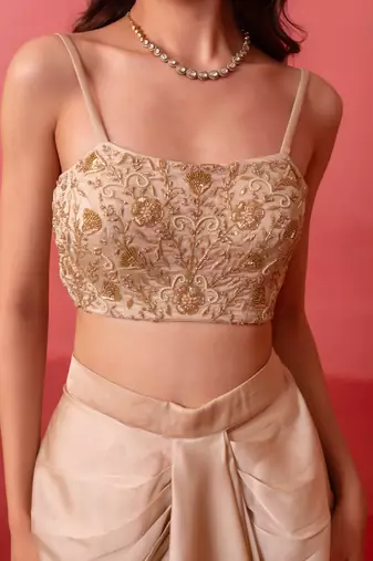 Champagne gold pre-draped skirt with handwork blouse & organza shrug