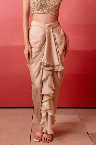 Champagne gold pre-draped skirt with handwork blouse & organza shrug