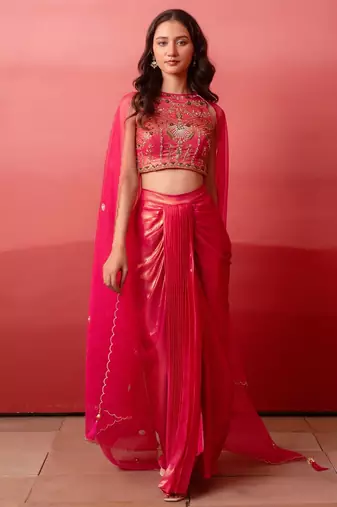 Glossy pink pre-draped skirt with handwork blouse & dupatta