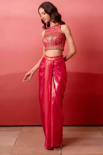 Glossy pink pre-draped skirt with handwork blouse & dupatta