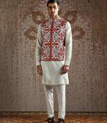 Red embroidered pashmina kurta bundi set