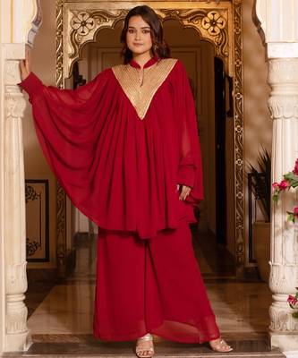 Maroon georgette sequined coord set 1